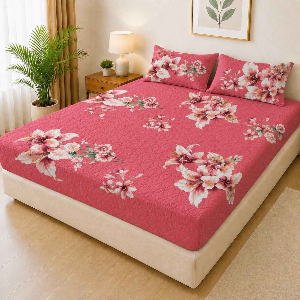 Printed Fancy Quilted Waterproof Fitted Mattress Protector Set with 2 Pillow Covers - King Size - Design 1 - Izhar Online Mart
