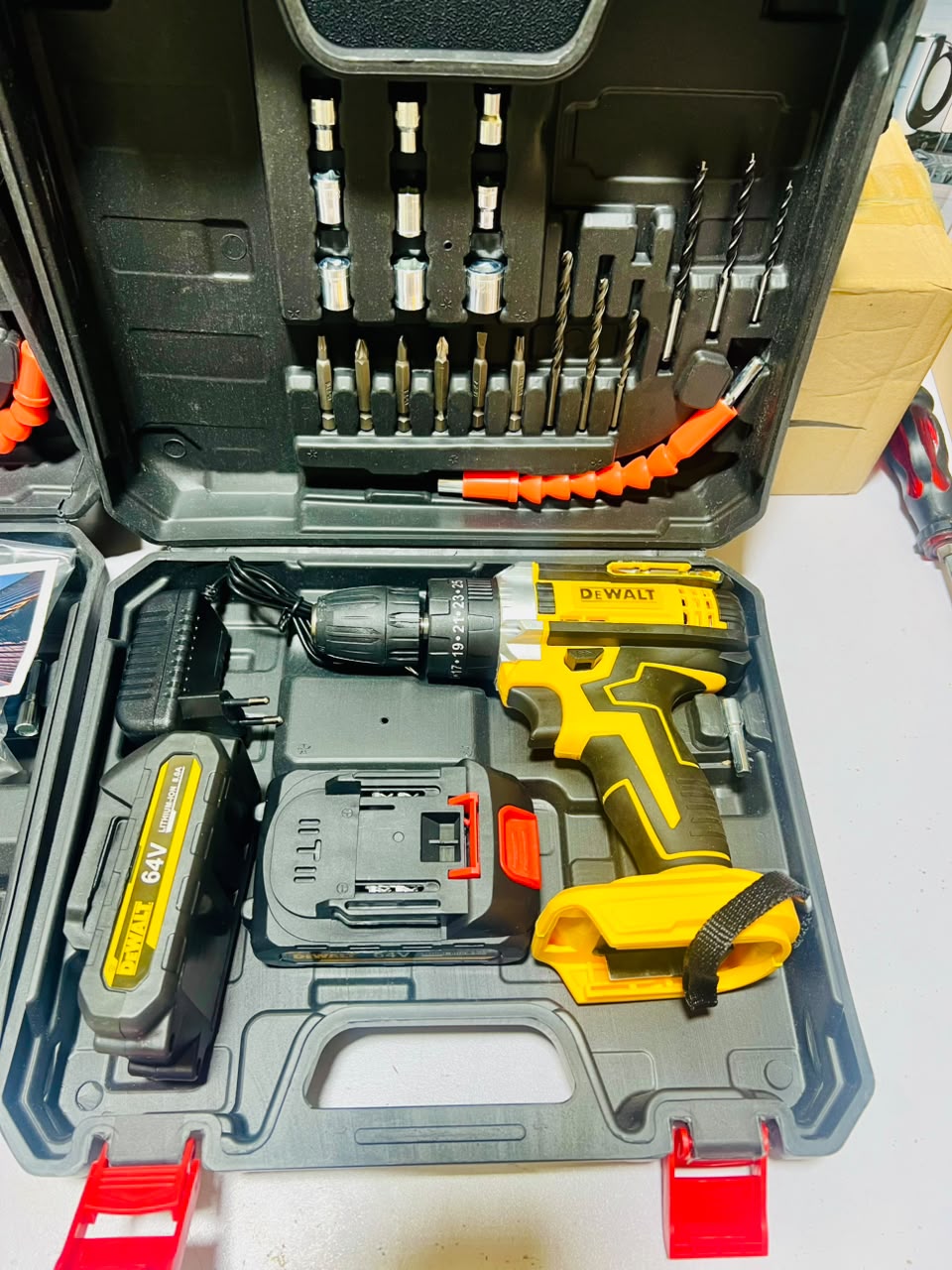 DeWalt 64V Cordless Drill Machine With 2 Lithium-Ion Batteries Charger 20-Piece Drill Bits Screwdriver Heads And Extender Kit - Izhar Online Mart