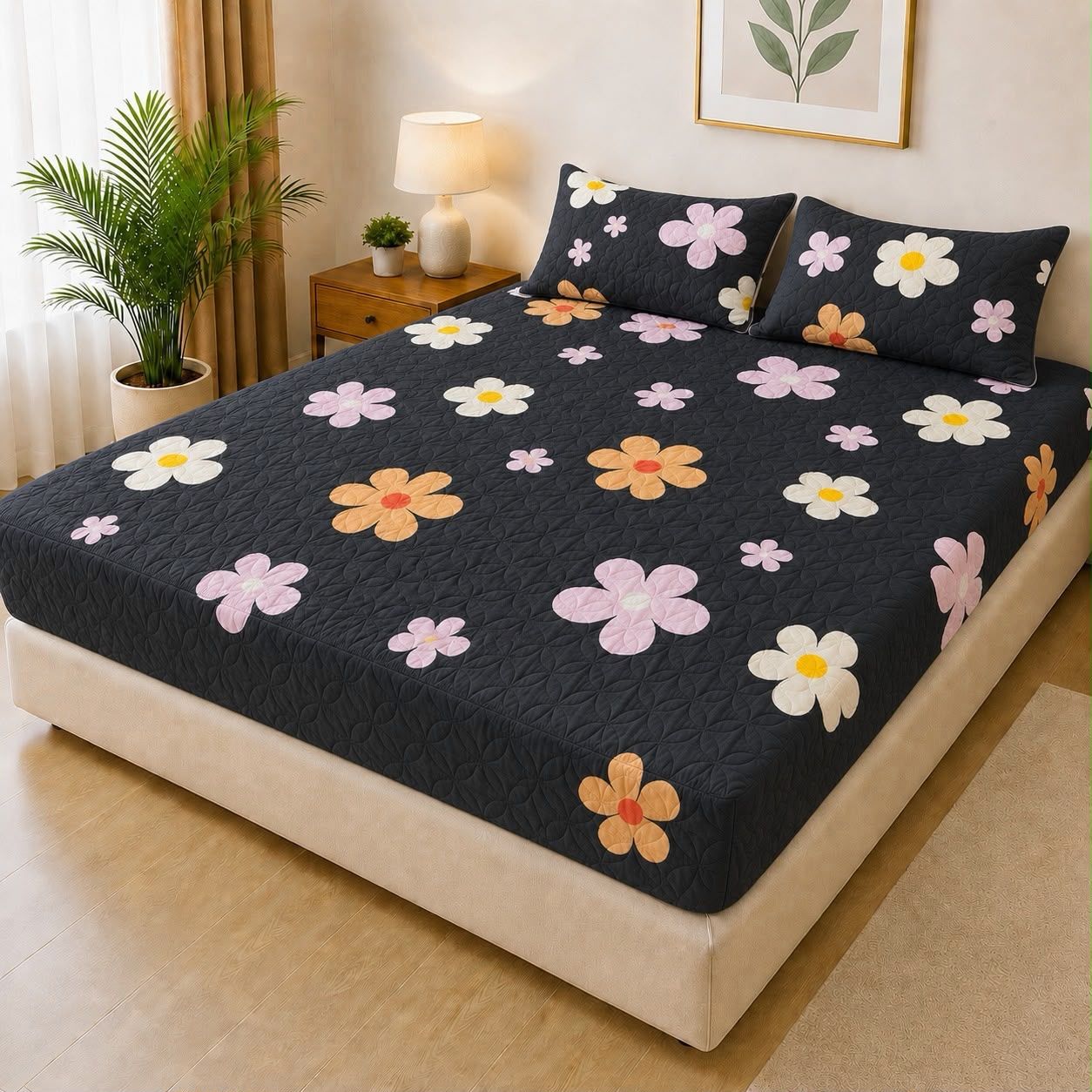 Printed Fancy Quilted Waterproof Fitted Mattress Protector Set with 2 Pillow Covers - King Size - Design 1 - Izhar Online Mart