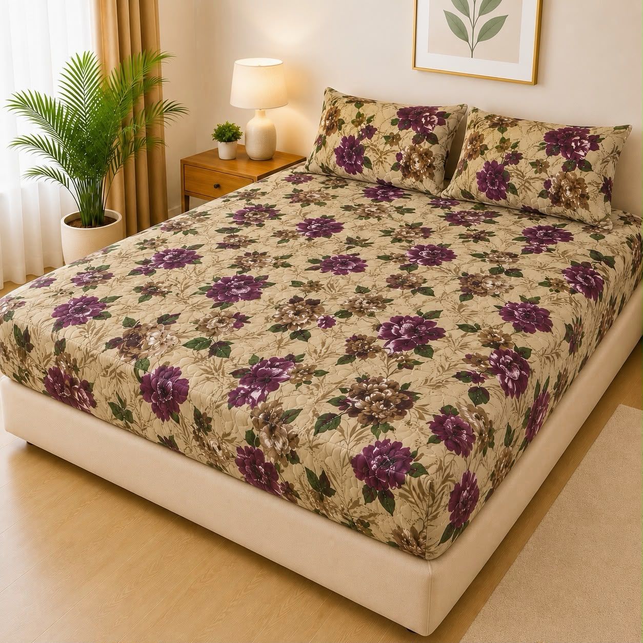 Printed Fancy Quilted Waterproof Fitted Mattress Protector Set with 2 Pillow Covers - King Size - Design 1 - Izhar Online Mart
