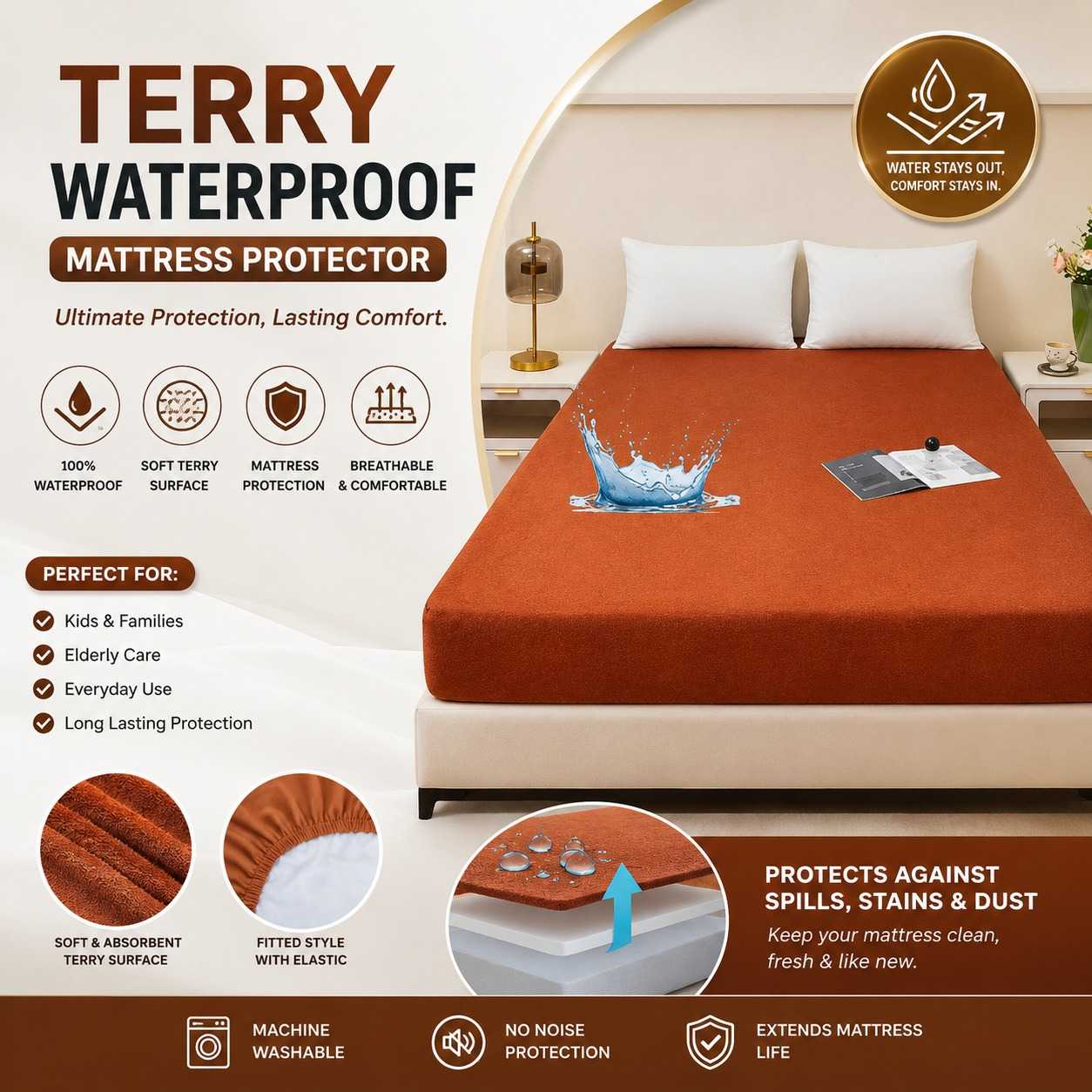 Waterproof Terry Mattress Protector – King Size (72 x 78 Inches, Fits Up To 8" Depth) - Brown - Izhar Online Mart