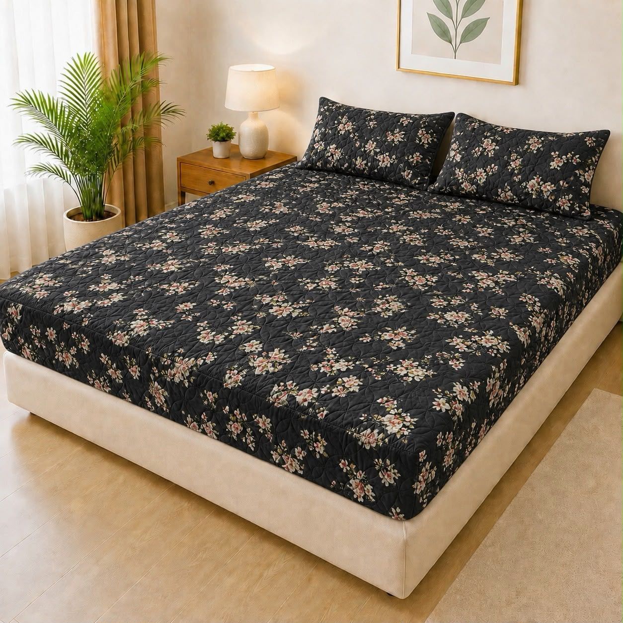 Printed Fancy Quilted Waterproof Fitted Mattress Protector Set with 2 Pillow Covers - King Size - Design 1 - Izhar Online Mart