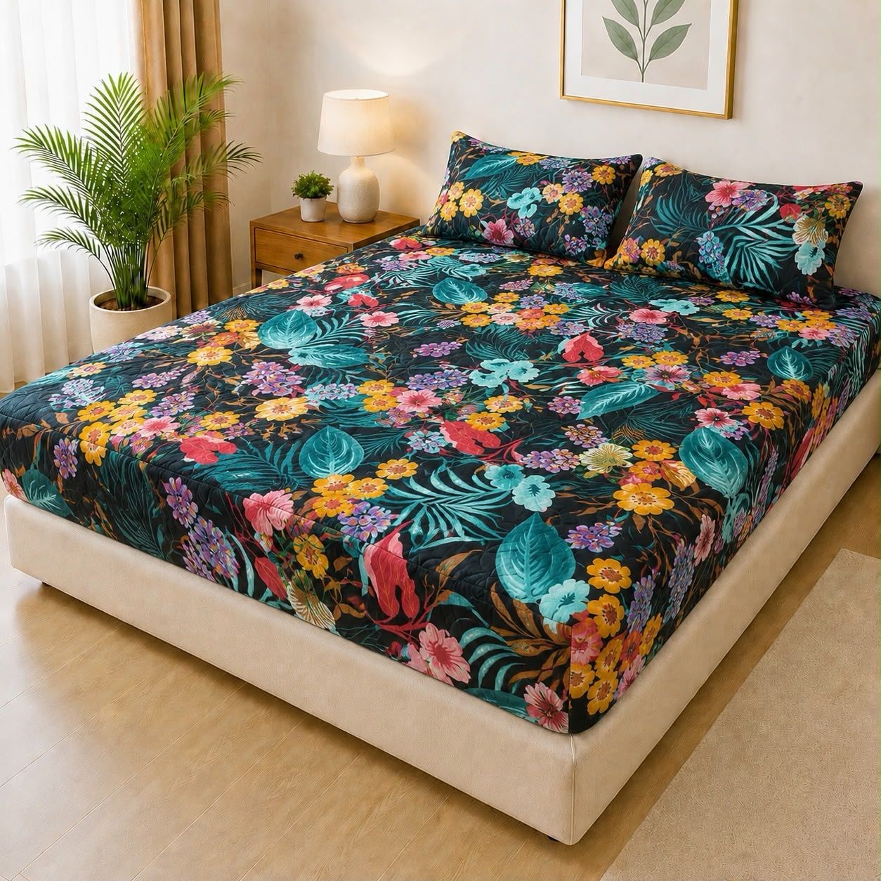 Printed Fancy Quilted Waterproof Fitted Mattress Protector Set with 2 Pillow Covers - King Size - Design 1 - Izhar Online Mart