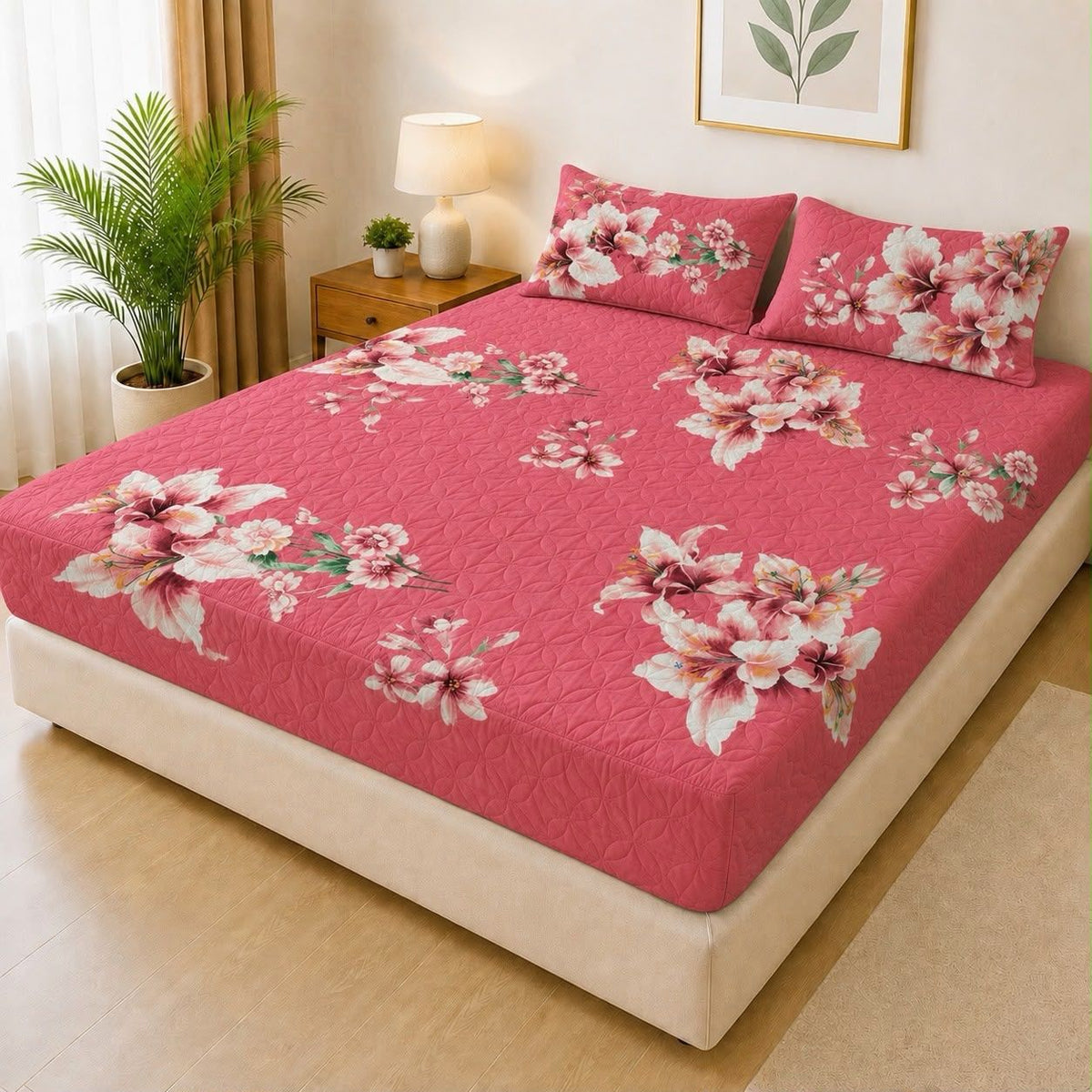 Printed Fancy Quilted Waterproof Fitted Mattress Protector Set with 2 Pillow Covers - King Size - Design 1 - Izhar Online Mart