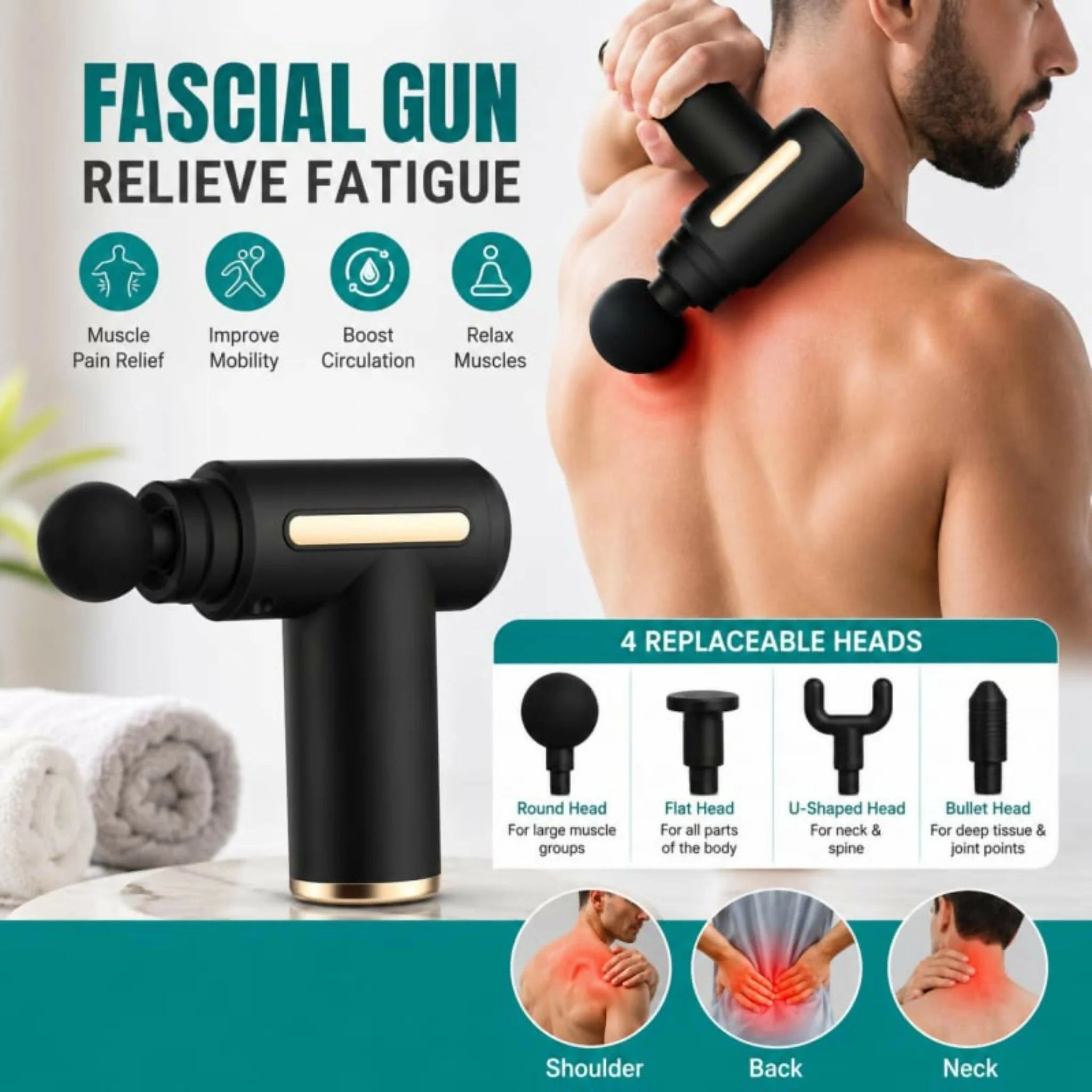 4-in-1 Gun Massager With 5 Speed Modes | Rechargeable Gun Massager Machine For Foot and Neck Massage | Gun Massager Machine - Izhar Online Mart