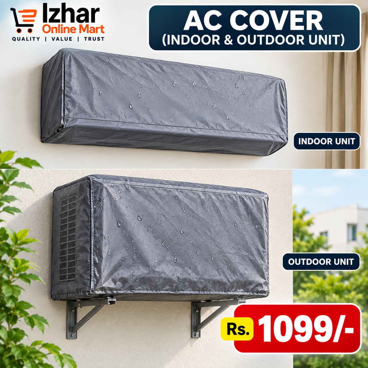 AC Cover 1.5 Ton Dust Proof, Waterproof, Parachute Material (2 Pcs Set)