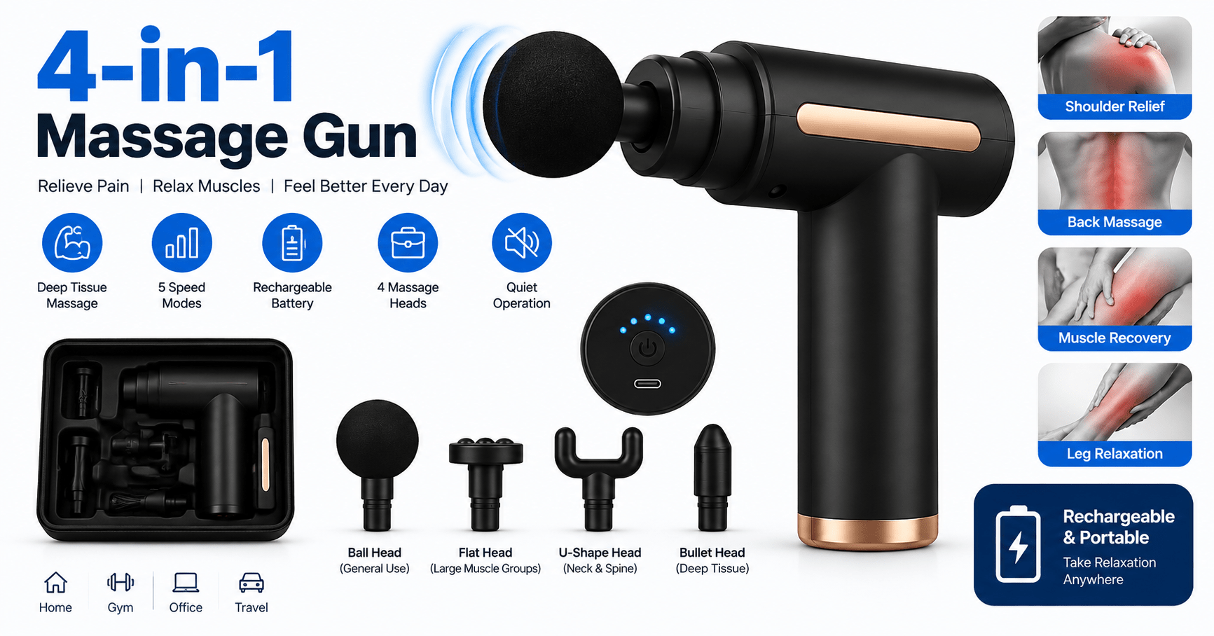 4-in-1 Gun Massager With 5 Speed Modes | Rechargeable Gun Massager Machine For Foot and Neck Massage | Gun Massager Machine - Izhar Online Mart