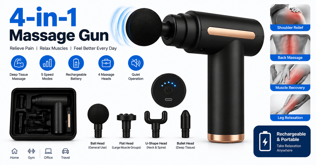 4-in-1 Gun Massager With 5 Speed Modes | Rechargeable Gun Massager Machine For Foot and Neck Massage | Gun Massager Machine - Izhar Online Mart